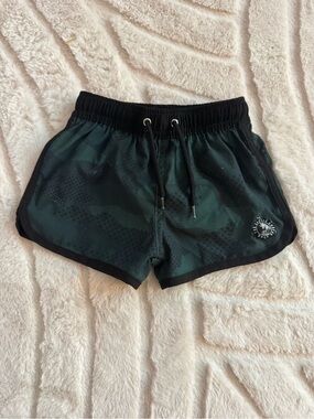 Toddler Dark Green Camo Swim Trunks with Black Trim